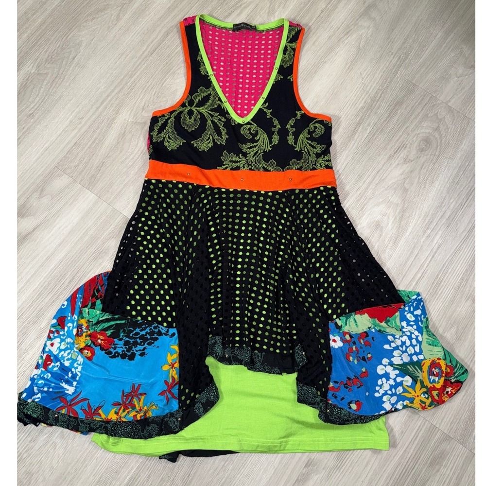 Seven Waves Mixed Media Mini Dress Neon Floral Polka Dot Mesh Artsy Boho Size 2 - Picture 2 of 9
